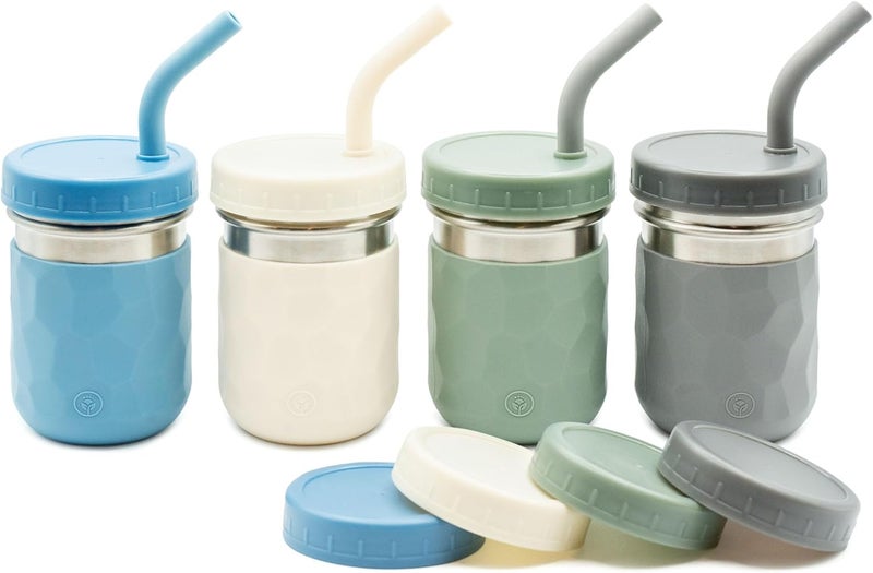 WeeSprout 2-in-1 Drinking Cups for Kids, Durable Stainless Steel Tumbler for Smoothies, Silicone Straws with Stoppers, Premium Plastic Twist Lids, Easy-Grip Sleeves, Set of 4 Dishwasher Safe Kid Cups - Image 1